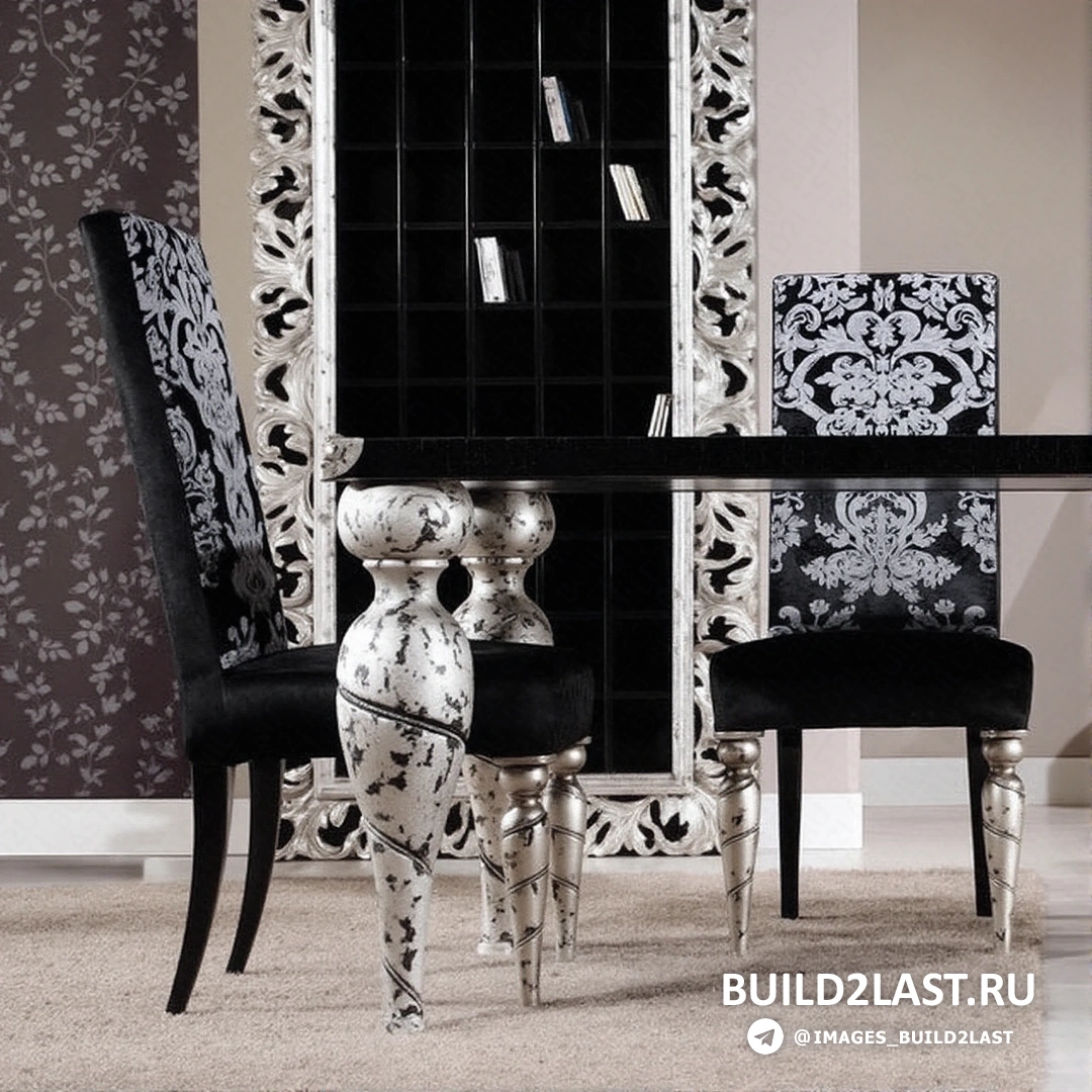 Черно-белый интерьер столовой в стиле арт-деко с декоративными панелями и стильными вазами.