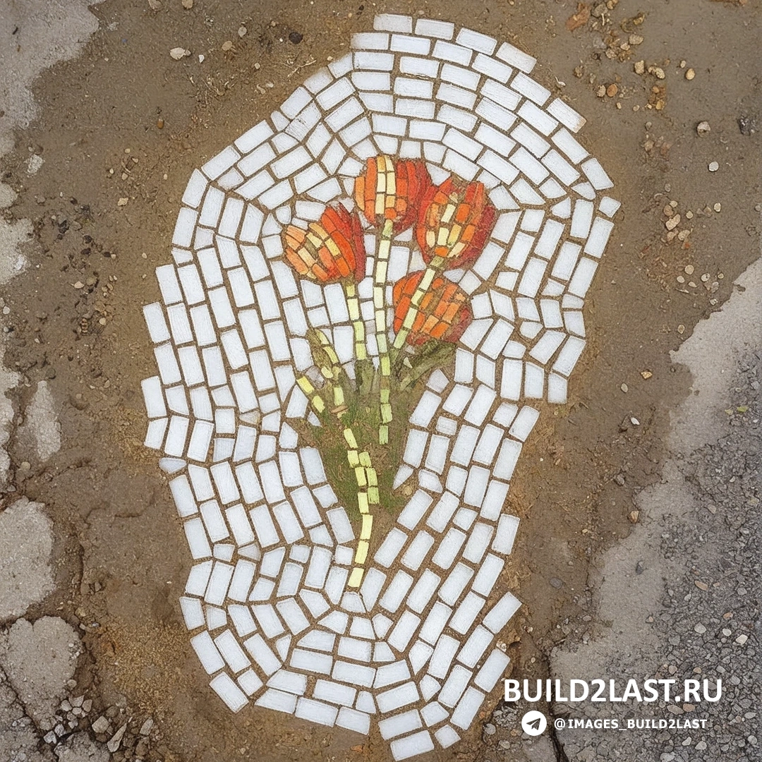 Дорожная мозаика в виде многоцветных полос, заполняющих выбоины и образующих визуально привлекательный рисунок