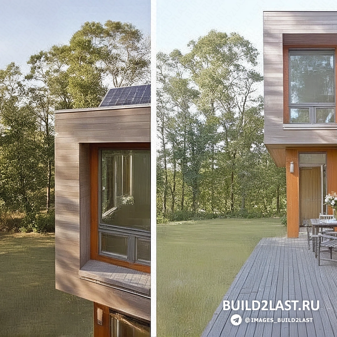 Экологичный домик с солнечными панелями и водоёмом рядом