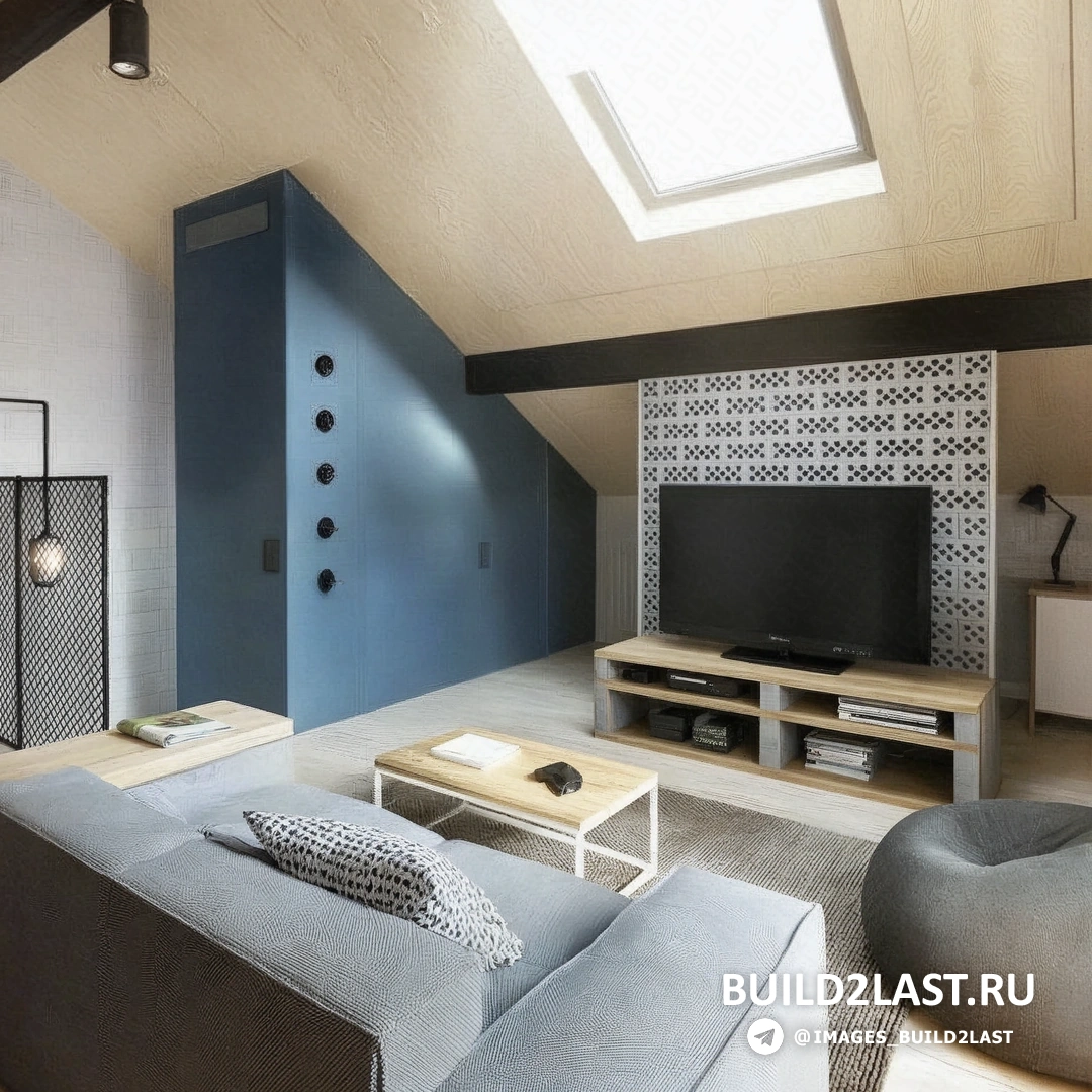 Гостиная с диваном, креслом-мешком, журнальным столиком и мансардным окном, оформленная в скандинавском стиле.