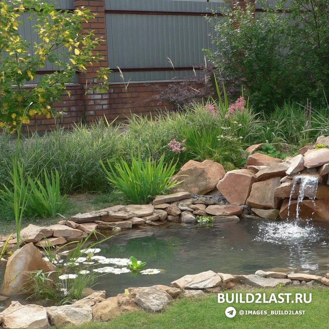 Иллюстрация ландшафтного дизайна с искусственным водоемом, вертикальным озеленением и живой изгородью, окруженного камнями