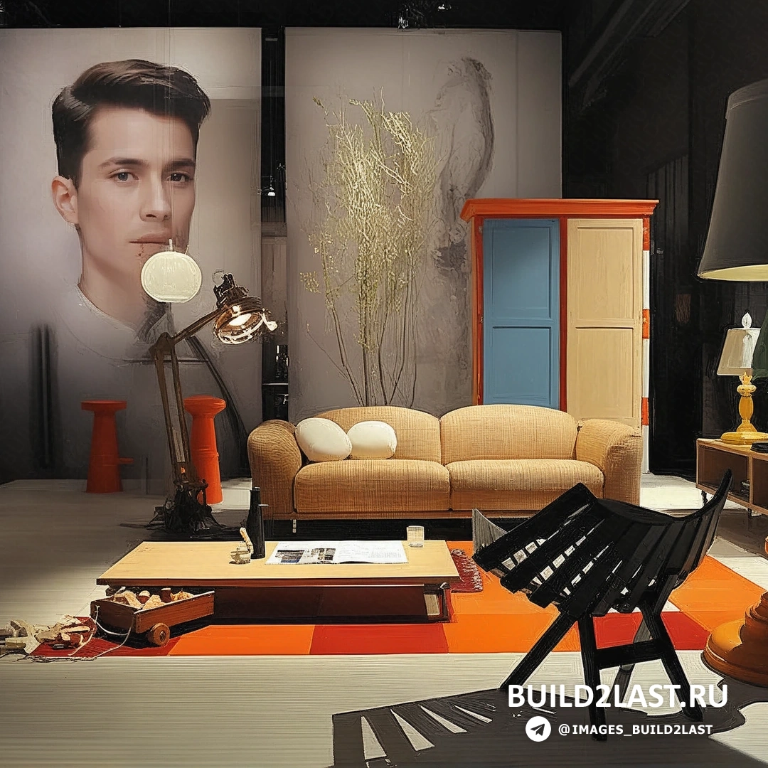 Иллюстрация с дизайнерскими торшерами, люстрами, ширмой, диваном, стульями и креслами в оранжевом цвете.