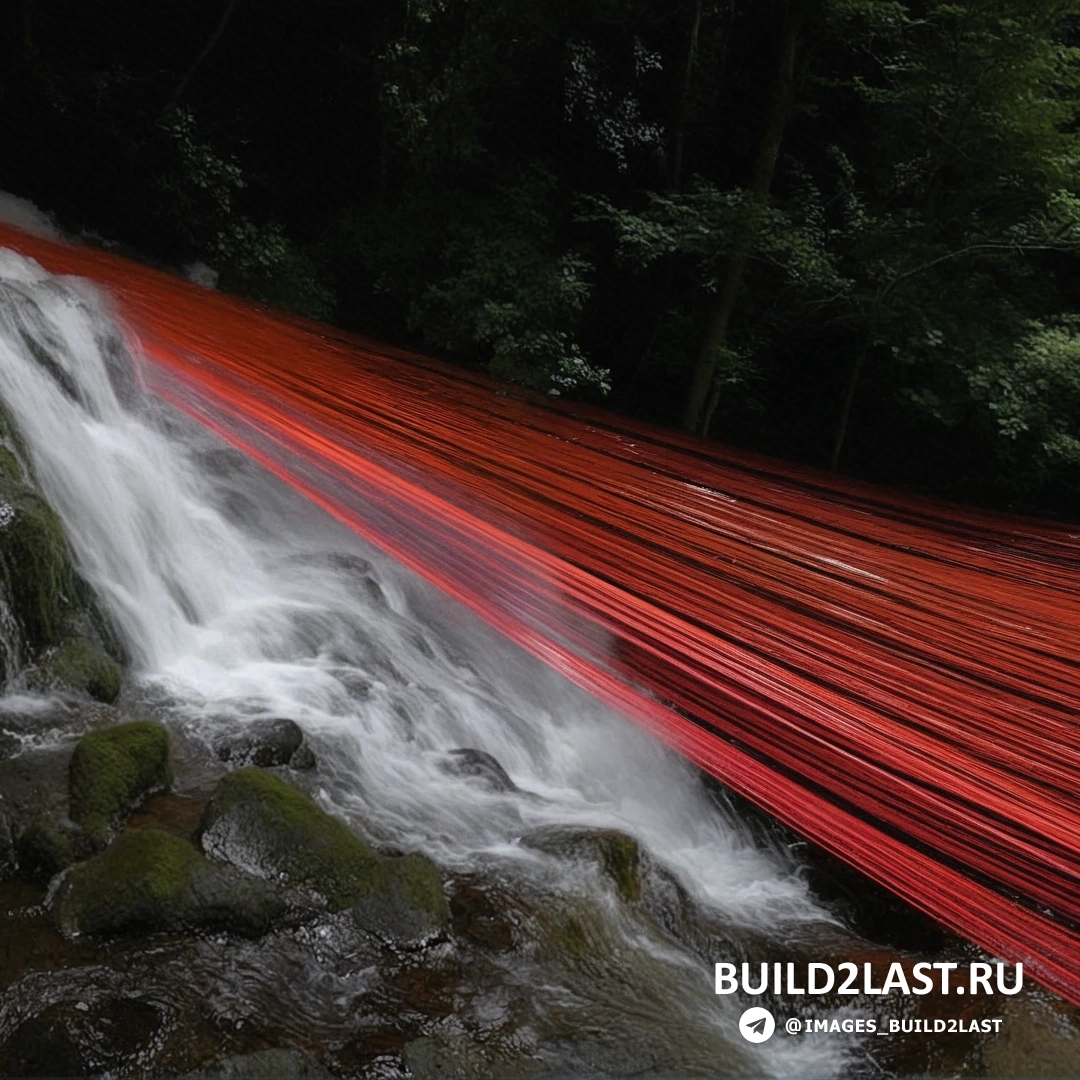 Инсталляция красного цвета на фоне водопада во Франции