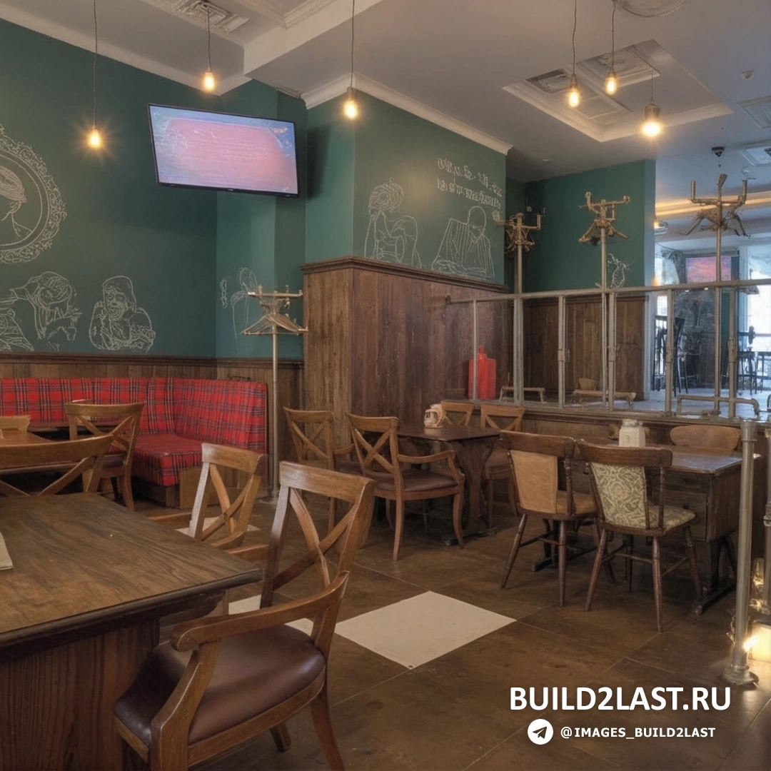 Интерьер с грифельной доской на фоне серой стены, подвесные светильники, коричневый стол и стулья в стиле рустик