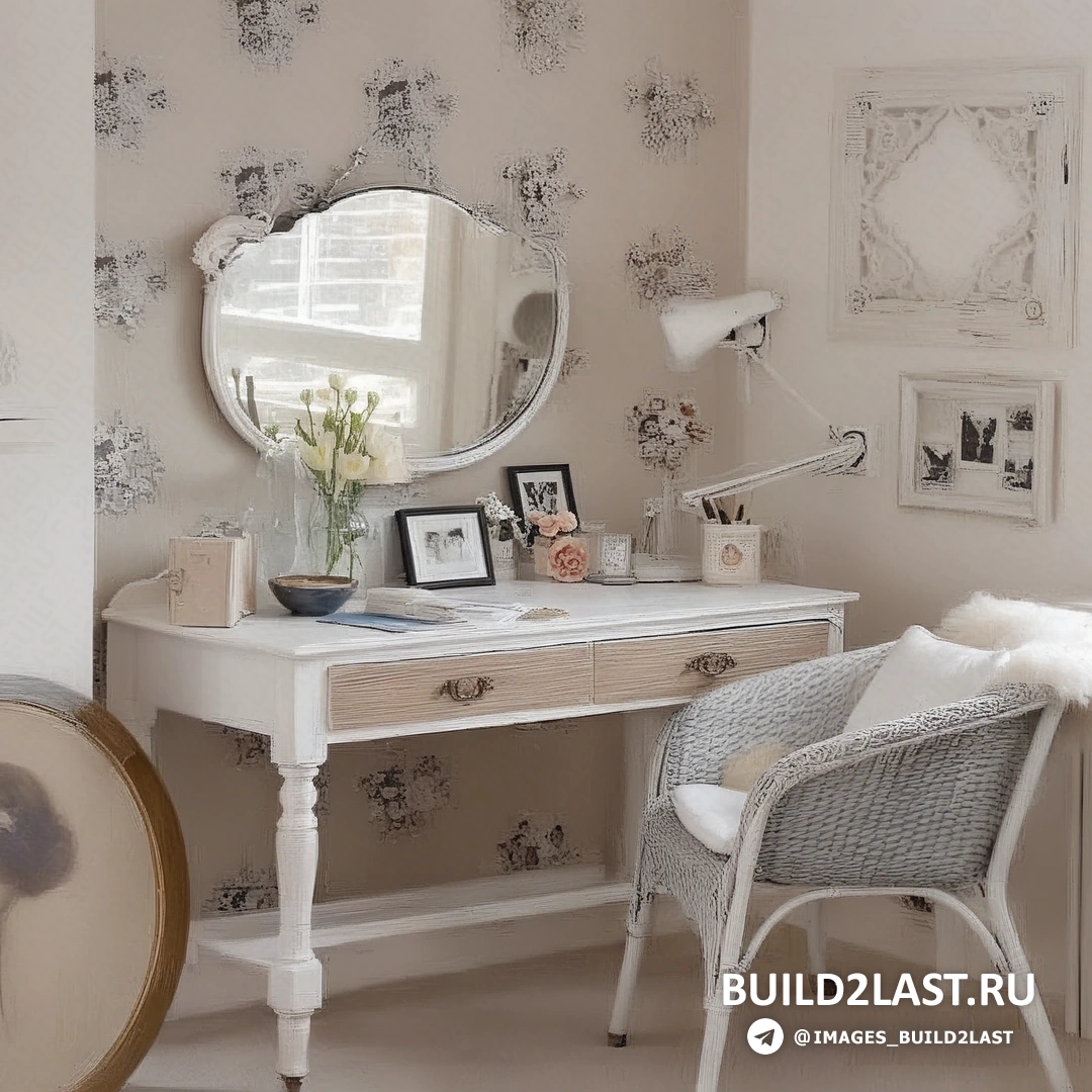 Интерьер в стиле шебби шик с бежевыми и белыми тонами, настольными лампами, эклектичным декором и зеркалами, обоями и картинами, столом и стульями/креслами