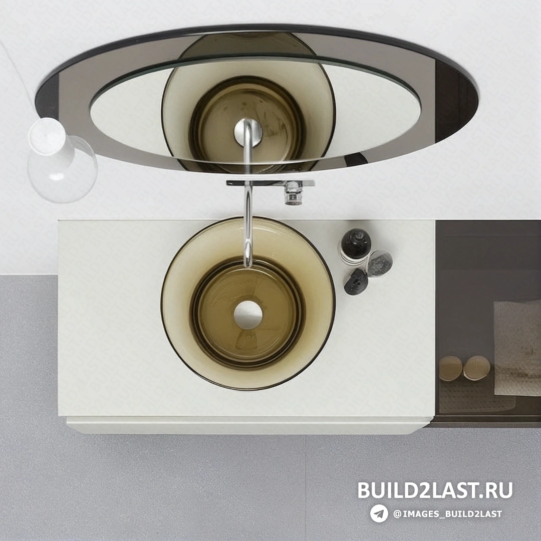 Интерьер ванной с тумбочкой, раковиной, зеркалами и наливным полом в серых и белых тонах.