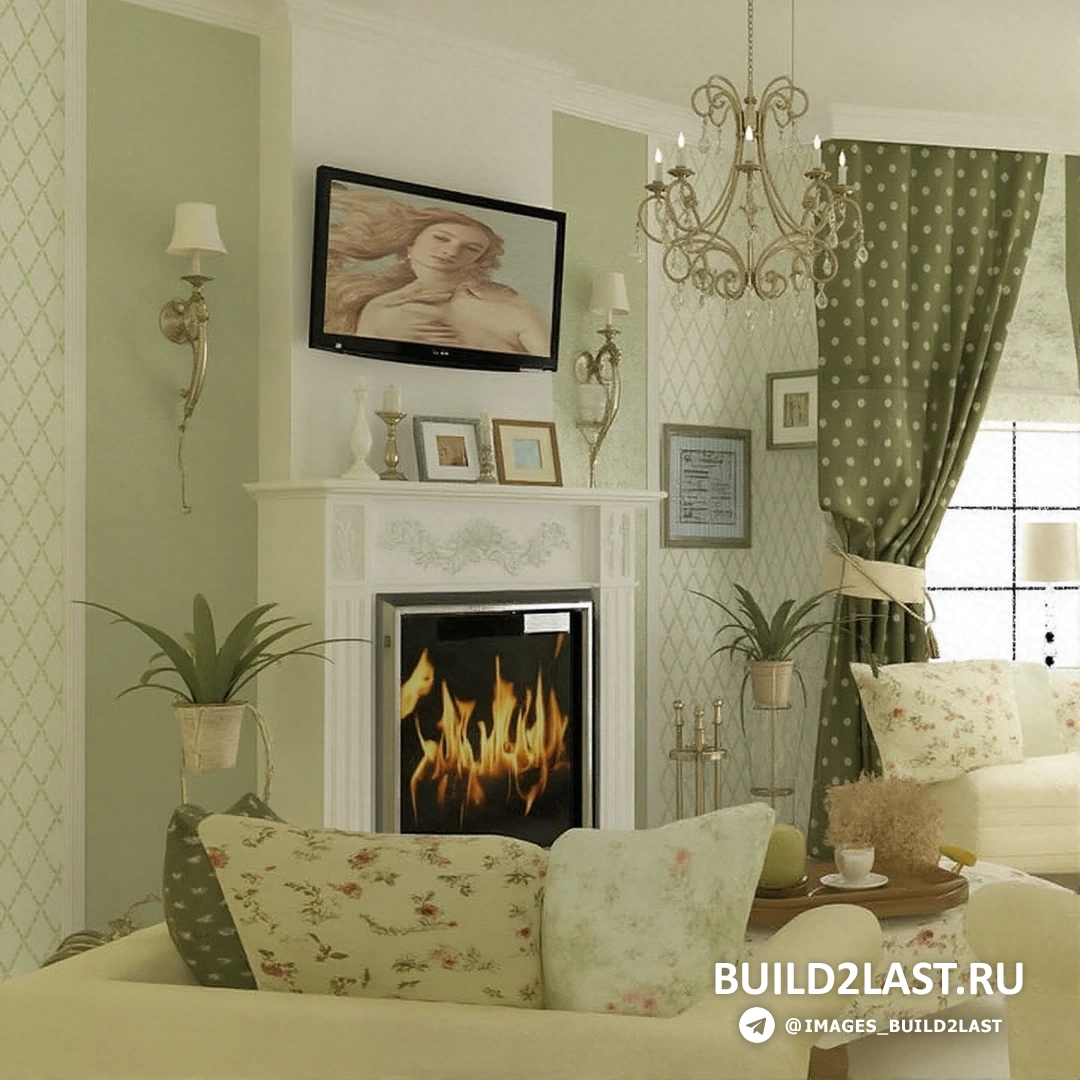 Комфортная зона отдыха с зелеными подушками и декоративными растениями на полках