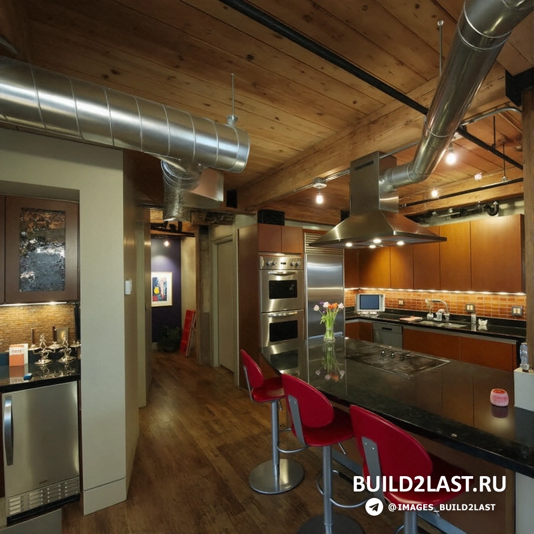 Кухня в стиле лофт с деревянными и металлическими акцентами, уютная и стильная обстановка