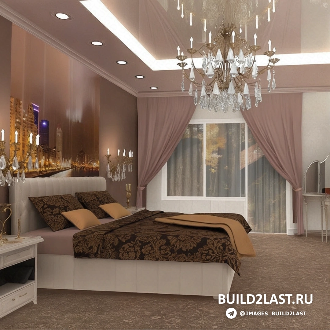 Люстра и бра в спальне с точечным освещением в минималистичном стиле, кирпичные стены и грифельная доска