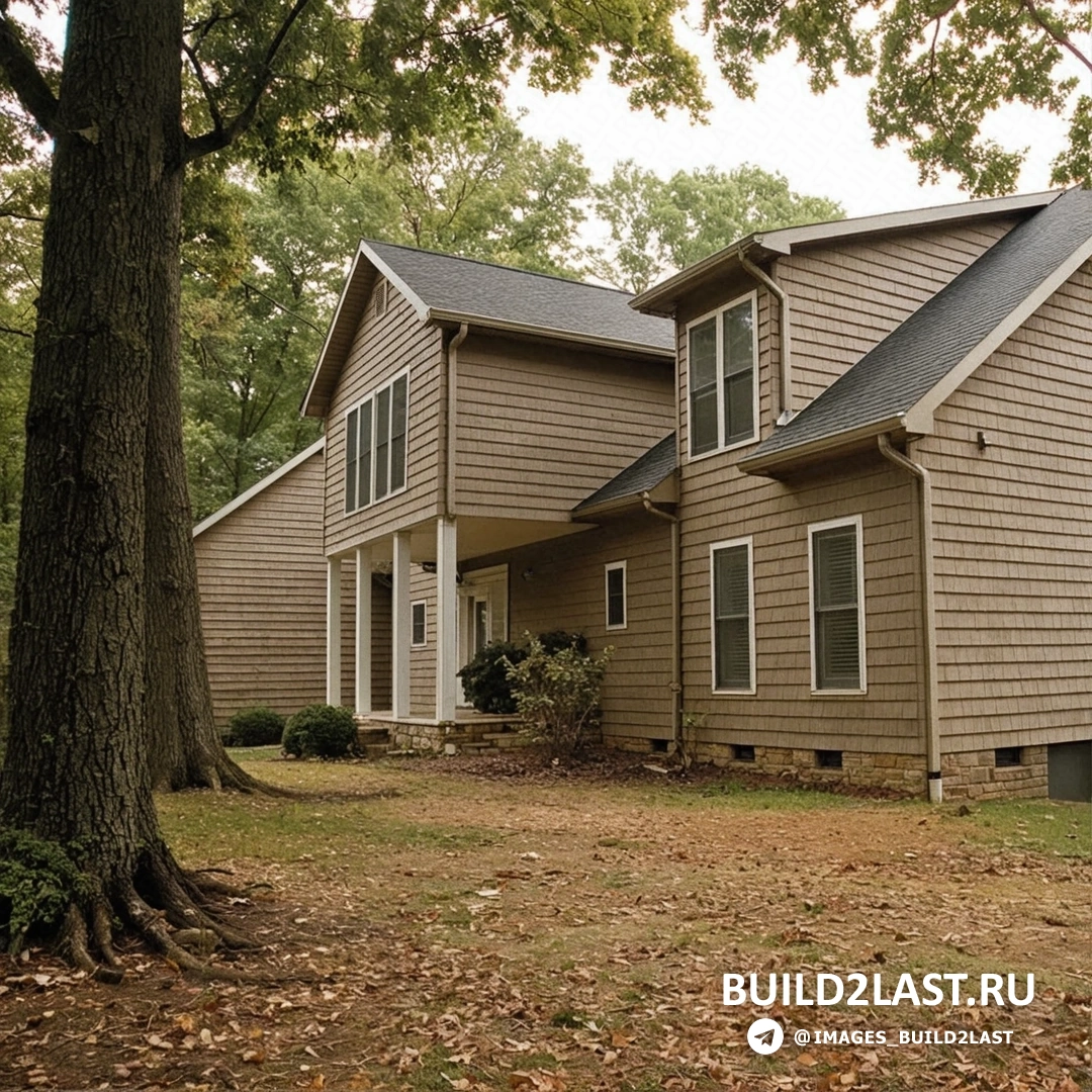 Облицовка загородного дома с серым сайдингом, колоннами и бордовыми акцентами