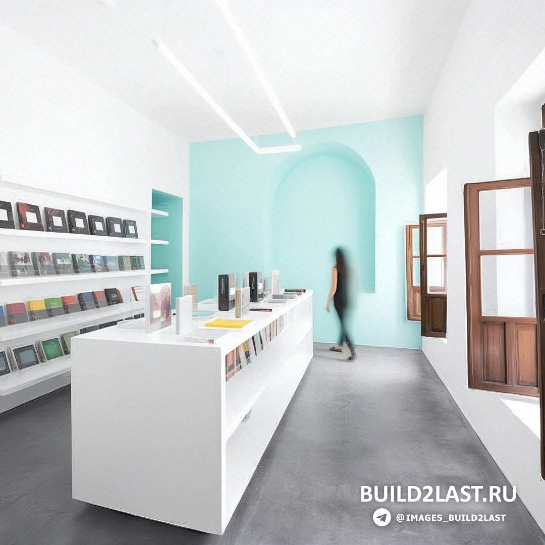 Полки для книг и стеллажи в библиотеке с наливными полами, светлым и темным деревом, окнами и столами в голубых тонах.