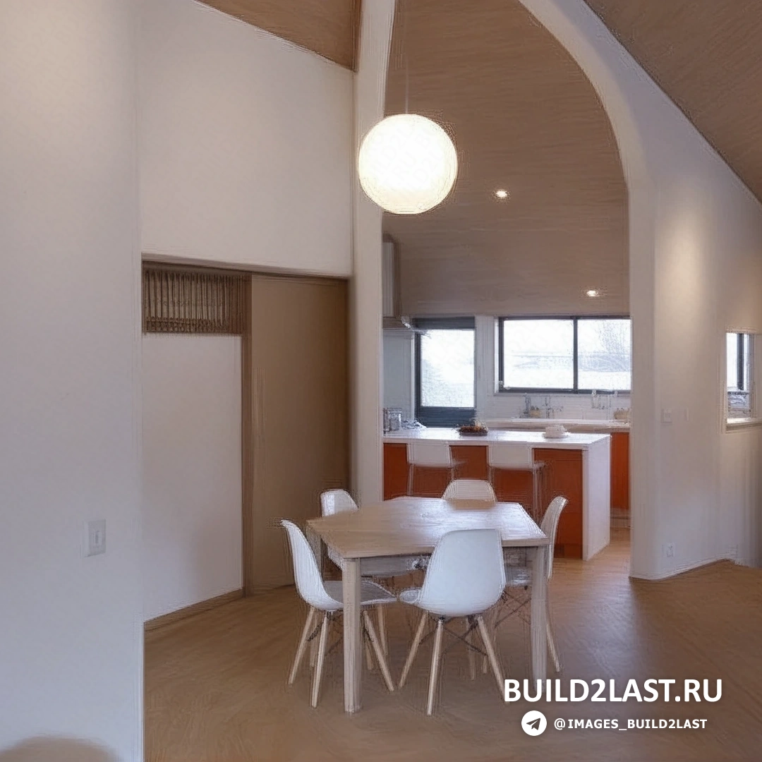 Пятиугольный дом в окружении природы, с ярким небом и зелёным лугом