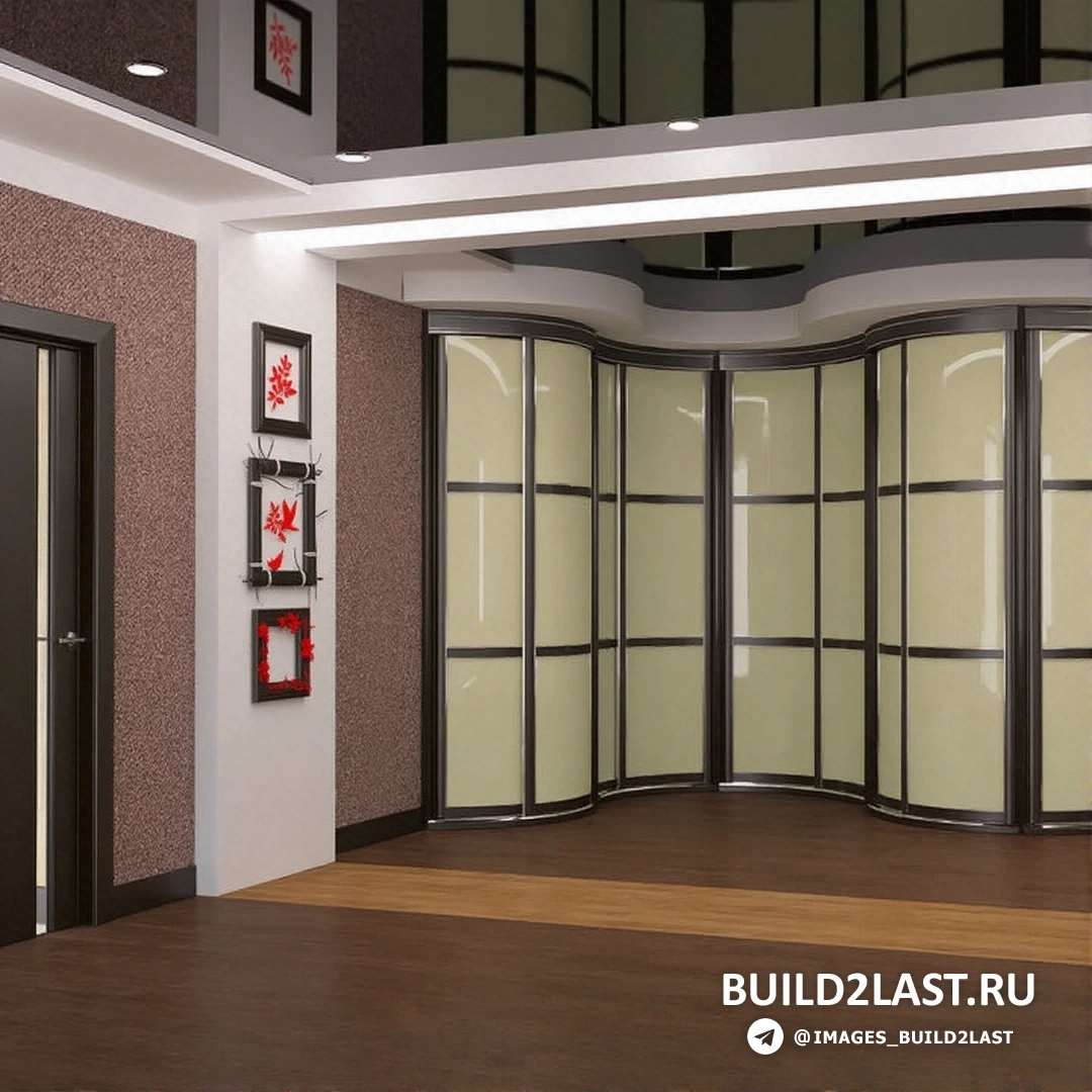 Шкаф-купе с стеклянными дверями и точечным освещением в гостиной, оформленной в коричневых и белых тонах