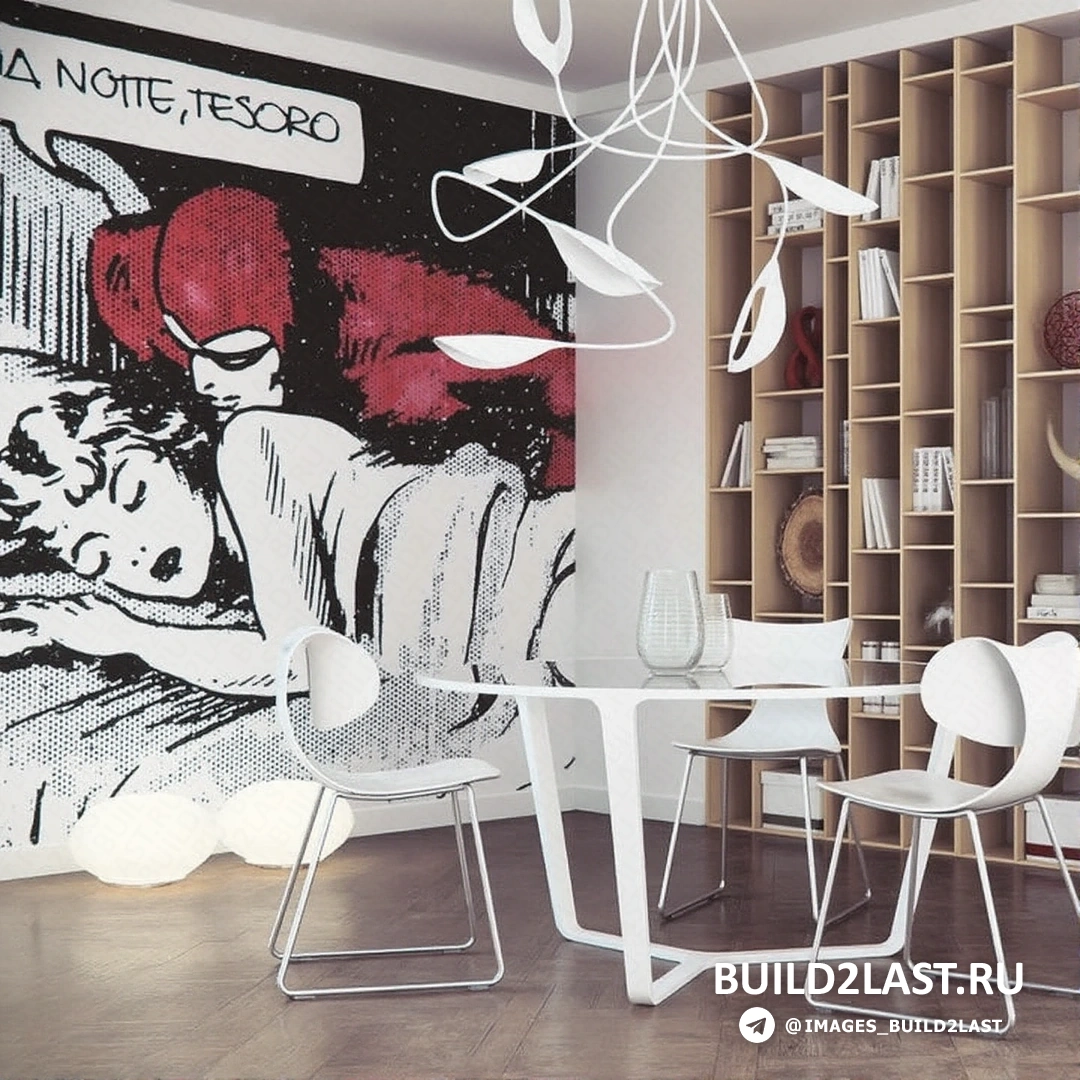 Современная кухня с использованием поп-арт элементов и ярких декоративных элементов в интерьере