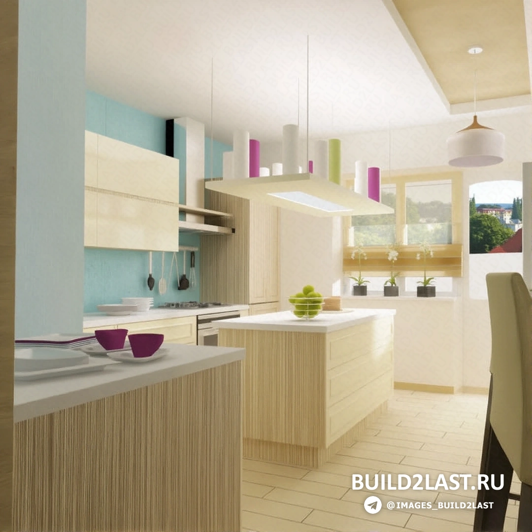 Современная кухня с встроенными деревянными панелями и зелеными растениями, создающими уютный и природный интерьер