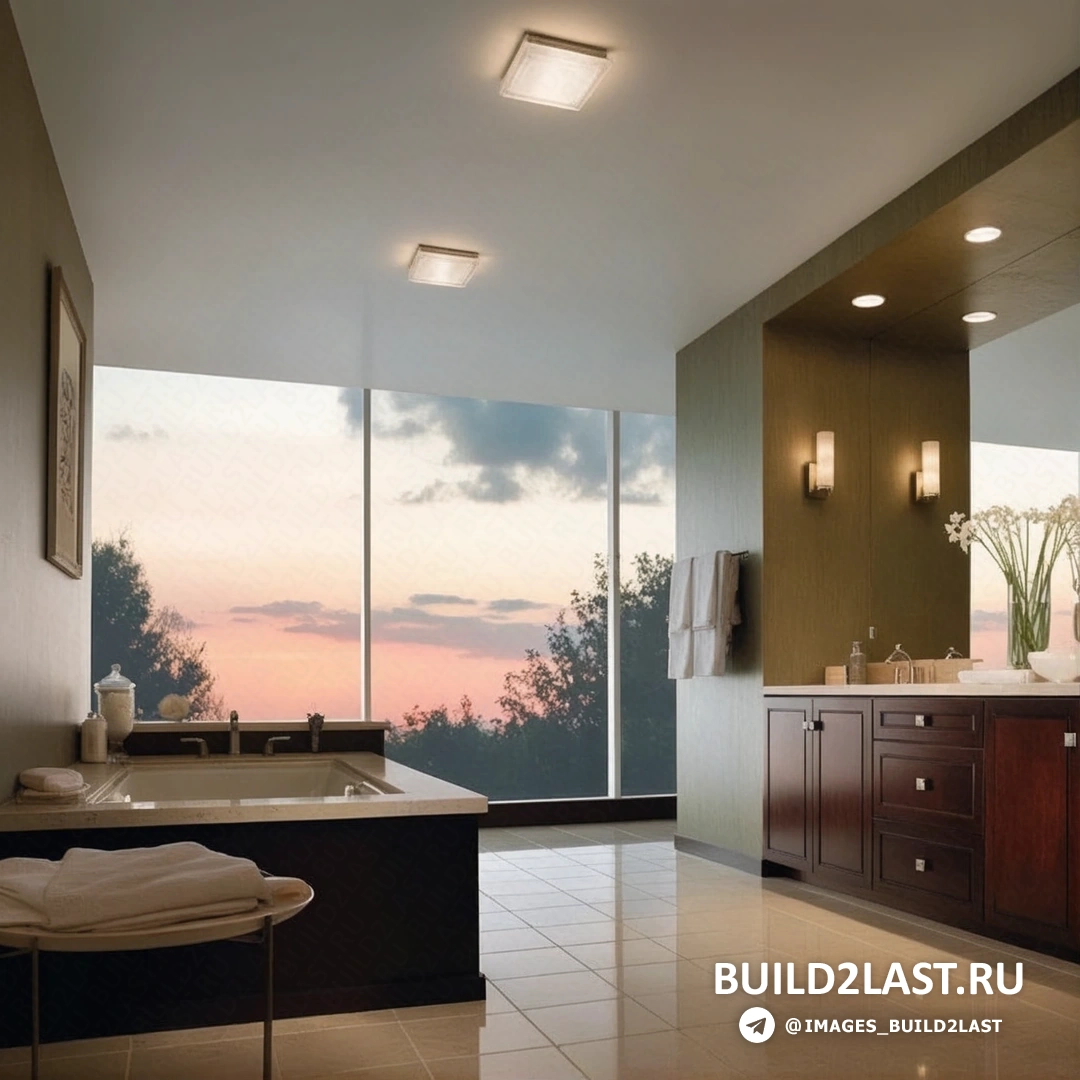 Современная ванная комната с французским окном и стильными светильниками.