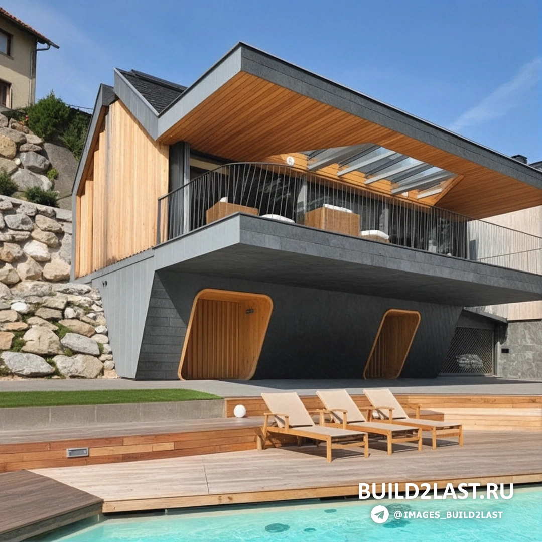 Современный фасад дома в Словении с бассейном, террасой и многоуровневой крышей, окружённый зелёным ландшафтным дизайном