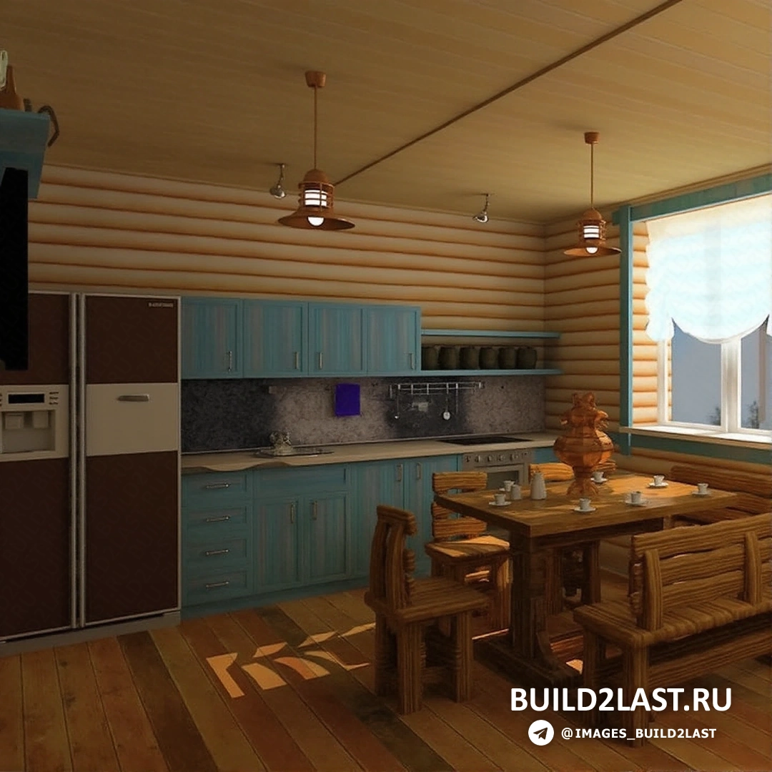 Современный интерьер бани с кухонной зоной, подвесными светильниками и голубыми занавесками.