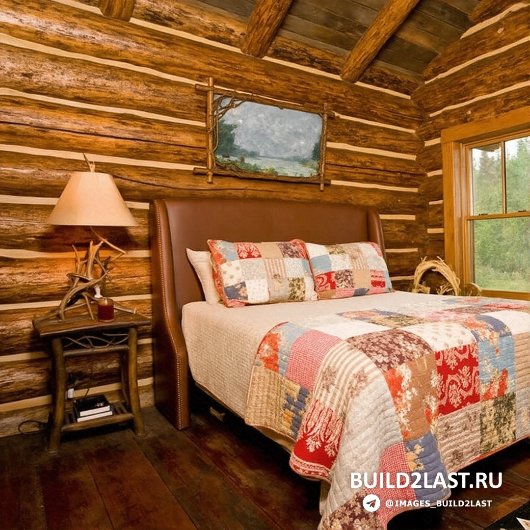 Спальня в кантри стиле с темными и светлыми деревянными элементами, ковром, картинами и прикроватной тумбочкой, оформленная в бежевых и коричневых тонах.