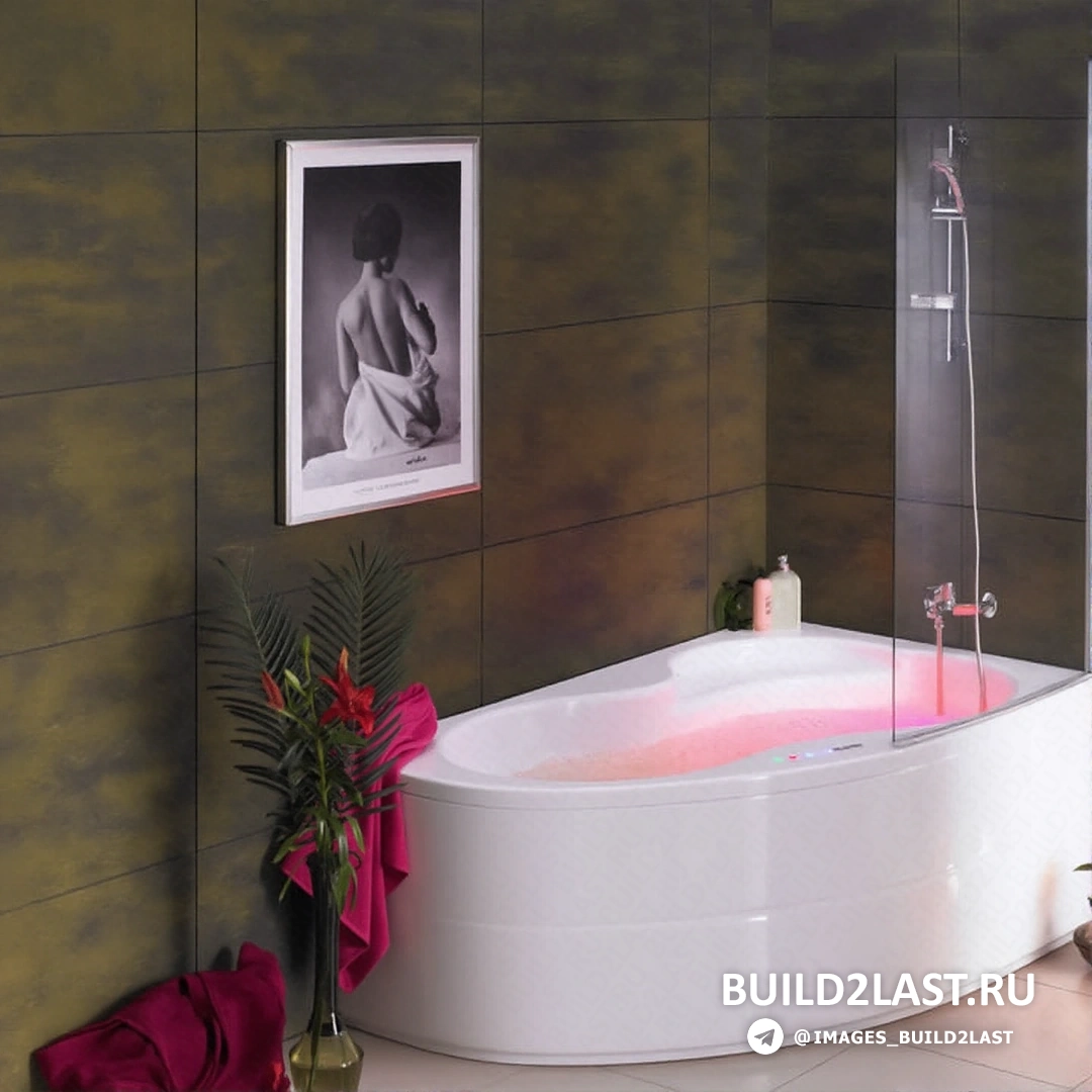 Угловая ванна в минималистичном интерьере с серыми плитками, мозаикой и стеклянными элементами